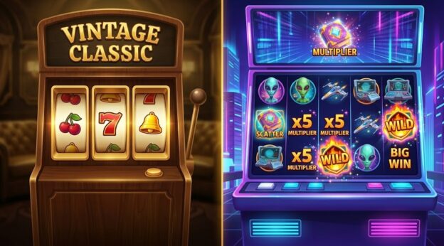 Perbandingan visual antara mesin slot klasik 3 reel retro dan slot video modern 5 reel